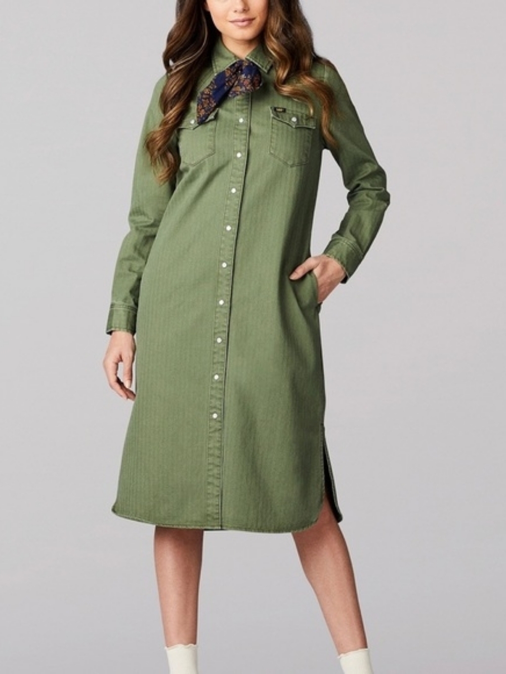 Womens Olive Green Lee Vintage Modern Western Denim Midi Shirt Dress- S- Fall